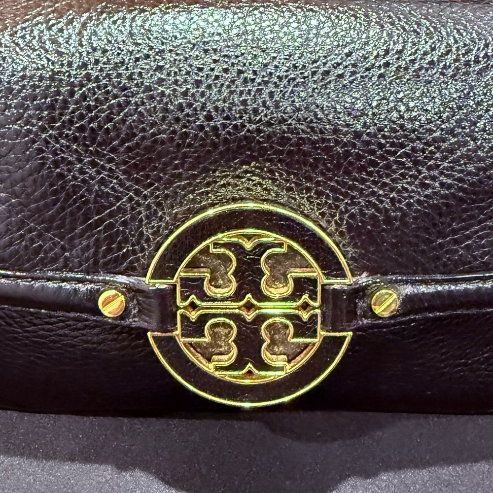 Tory Burch Black Leather Crossbody Clutch with Gold and black Rhinestone Emblem